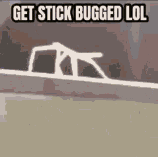 a cartoon of a person holding a stick on a bridge with the words `` get stick bugged lol '' .