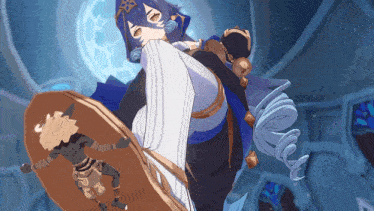 a cartoon of a woman kicking a man with a shield