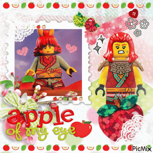 a picture of a lego figure with the words apple of my eye on the bottom