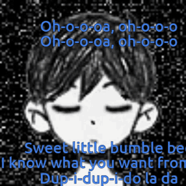 a black and white drawing of a boy with his eyes closed and the words sweet little bumble bee