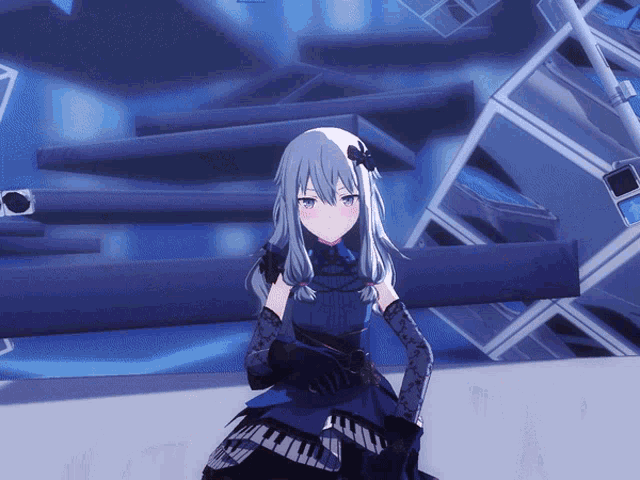 a girl in a blue dress and black gloves is standing in front of a blue wall