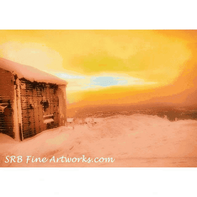 a painting of a snowy landscape with the website rb fine artworks.com
