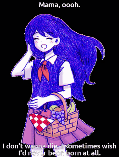 a drawing of a girl with blue hair holding a basket of fruit with the caption mama oooh