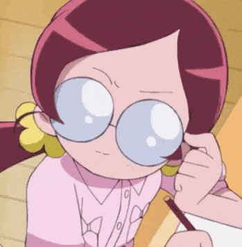 a cartoon girl wearing glasses and a pink shirt is writing on a piece of paper