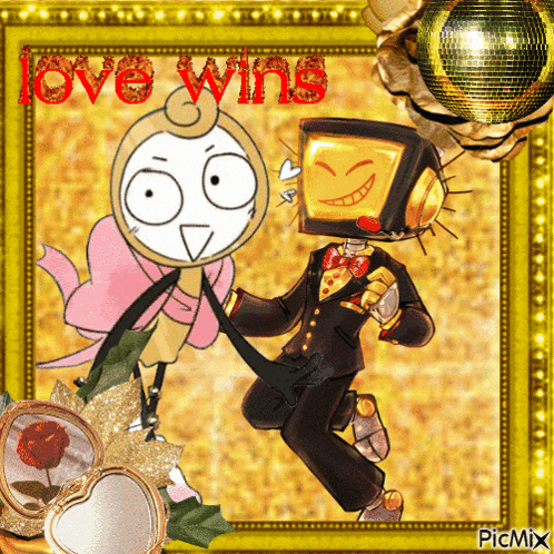 a picture of two cartoon characters with the words love wins written on the bottom