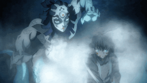 a monster with three eyes is standing next to a person