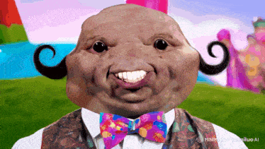 a cartoon character wearing a bow tie and a vest smiles