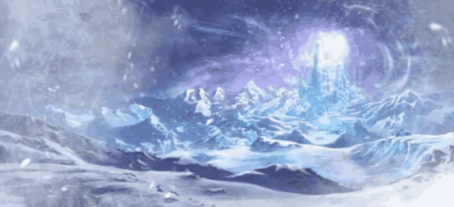 a snowy mountain landscape with a castle in the background