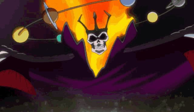 a cartoon drawing of a skeleton with planets around him