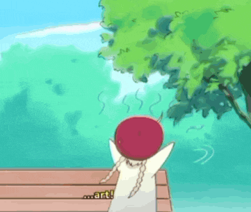 a cartoon of a person sitting on a bench with a red apple on their head and the words ugggggh ow
