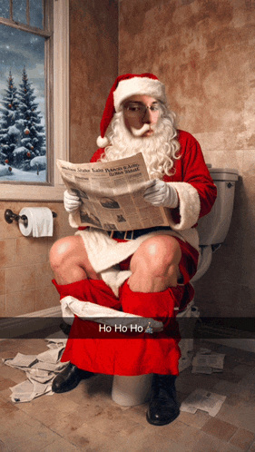 santa claus is sitting on a toilet reading a newspaper with the headline ho ho ho