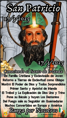 a poster with a statue of a man with a green beard and the date 17/3/2025