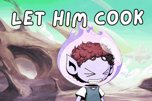 a cartoon character with a helmet on his head and the words let him cook above him