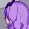 a close up of a purple haired anime girl with horns on her head .