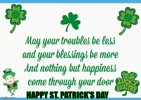 a happy st. patrick 's day greeting card with a leprechaun and shamrocks