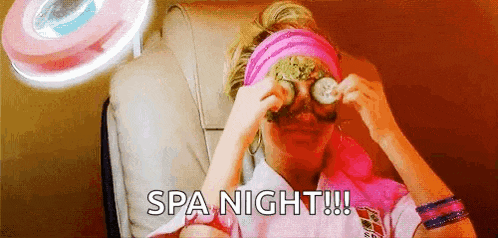 a woman is sitting in a chair with cucumber slices on her eyes and the words spa night !