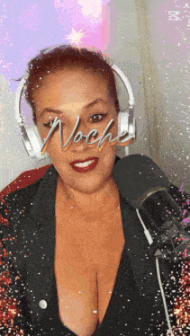 a woman wearing headphones and a microphone has the word noche on her face