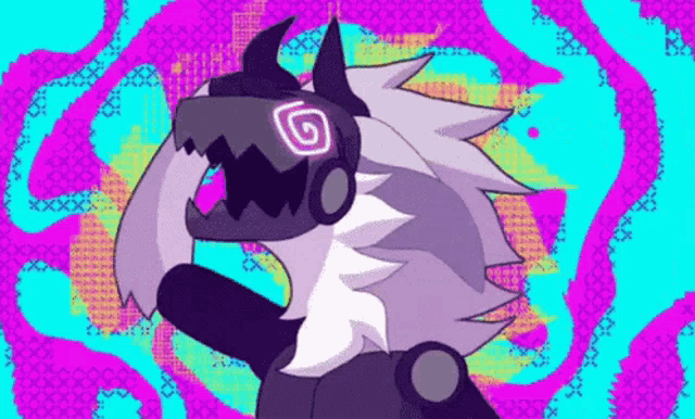 a cartoon character with horns and a spiral in his eyes is standing on a colorful background .