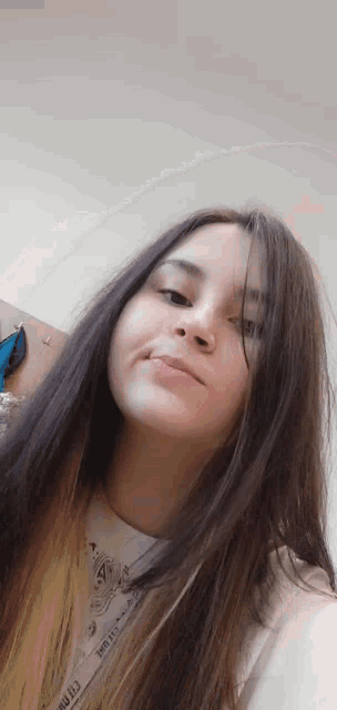 a young girl with long hair is taking a selfie with her phone .