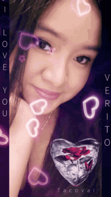 a picture of a girl with hearts around her and the words love you on the bottom