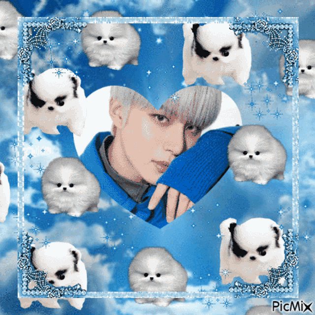 a picture of a boy in a heart surrounded by small white dogs