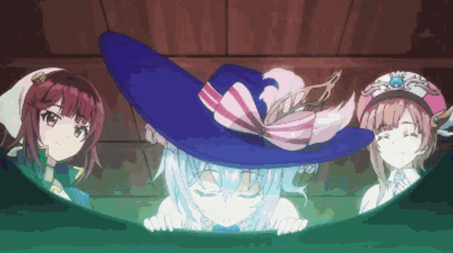 a group of anime characters including one wearing a large blue hat