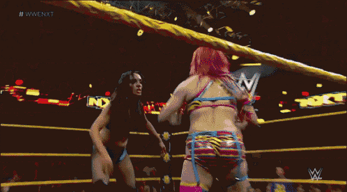 two women wrestling in a ring with the words #wwe nxt on the bottom right