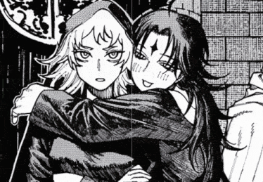a black and white drawing of two girls hugging
