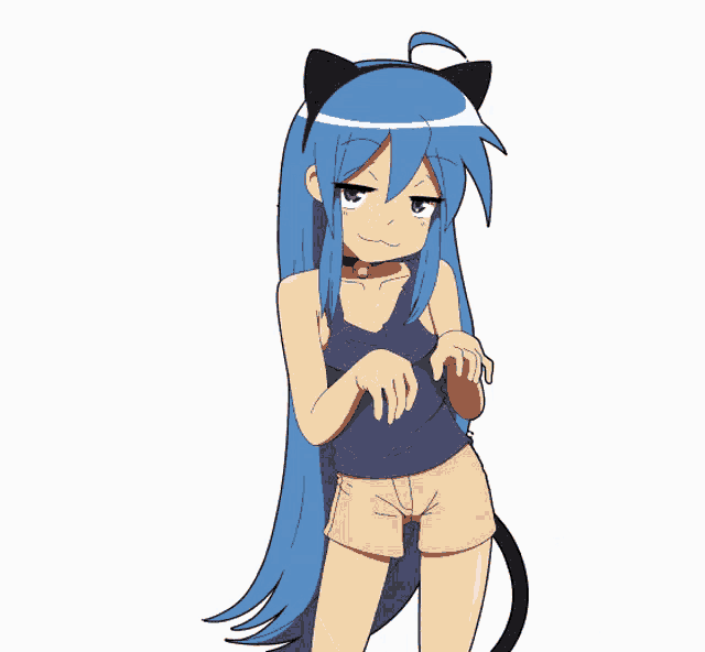 a cartoon girl with long blue hair and cat ears