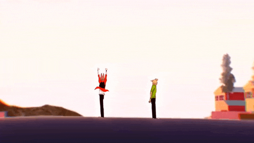 two cartoon characters are standing next to each other on a hill ..