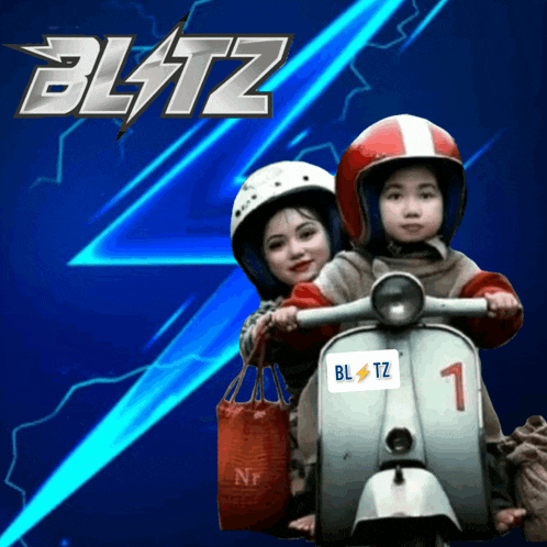 a girl and a boy on a scooter with blitz written on the top