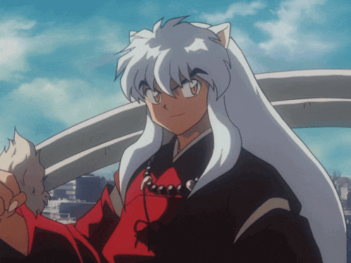 a cartoon character with long white hair and a red and black outfit
