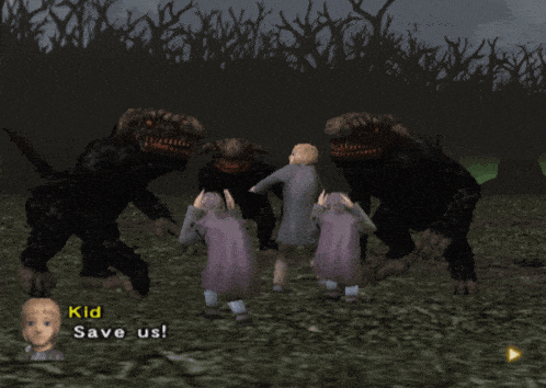 a video game scene with the words kid save us at the bottom