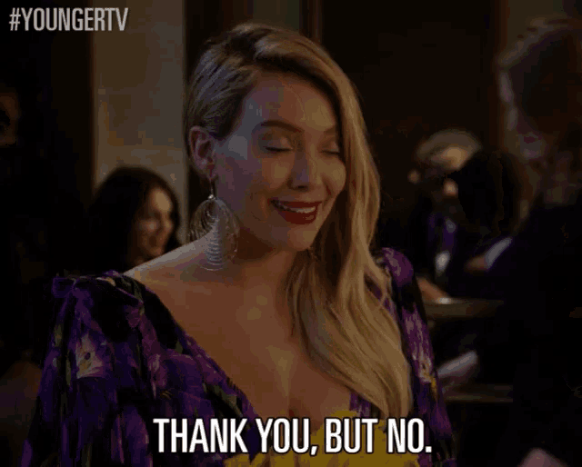 a woman in a purple and yellow dress says thank you but no