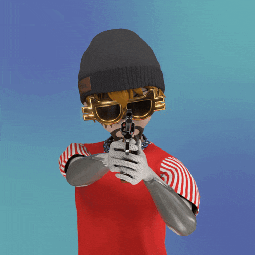 a cartoon character wearing a beanie and sunglasses holds a gun