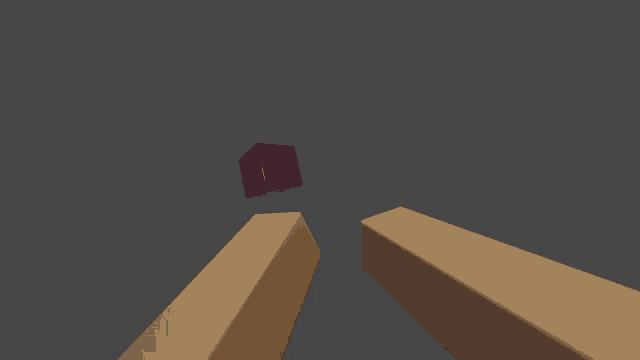 a purple cube is floating in the air between two brown boxes