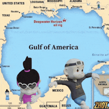 a map of the gulf of america with two cartoon characters standing in front of it