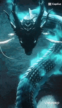 a dragon with a long tail and horns is surrounded by blue flames .