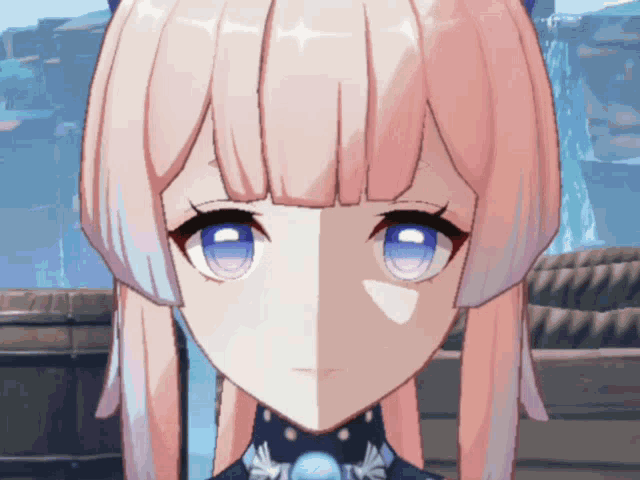 a close up of a girl 's face with half pink hair and half blue eyes