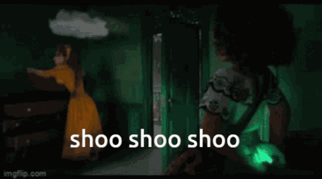 a woman in a yellow dress is holding a cloud over her head and the words shoo shoo shoo are written below her