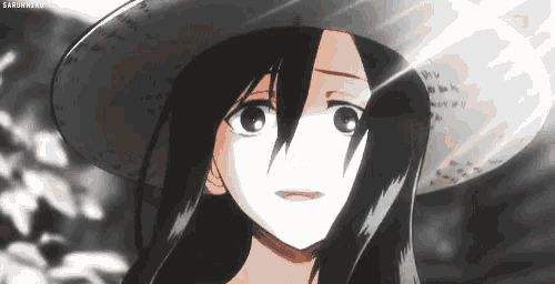 a black and white drawing of a girl wearing a hat and smiling .