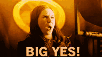 a woman with her mouth open and the words big yes on the bottom
