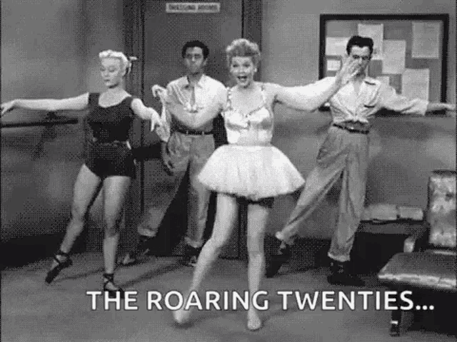 a group of people are dancing in a room with the words `` the roaring twenties '' .