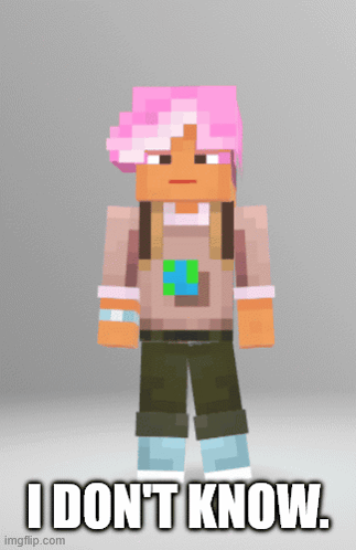 a minecraft character with pink hair and the words i don t know