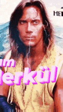 a man with long hair and a lightning bolt on his face says i 'm herkul .