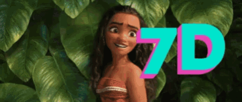 a cartoon girl is standing in front of green leaves and the word 7d is above her .