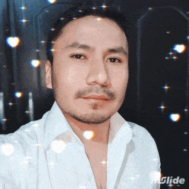 a man in a white shirt is surrounded by hearts and stars and has the word glide on the bottom right