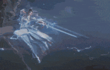 a woman in a white dress is holding a sword