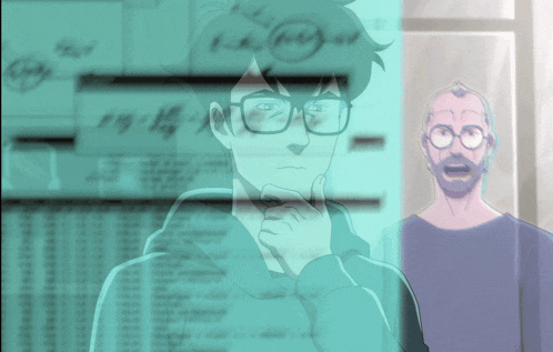 a man with glasses and a beard stands in front of a computer screen with a mathematical equation on it