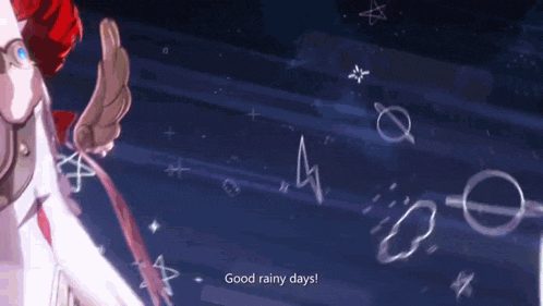a cartoon character says good rainy days in front of a dark background